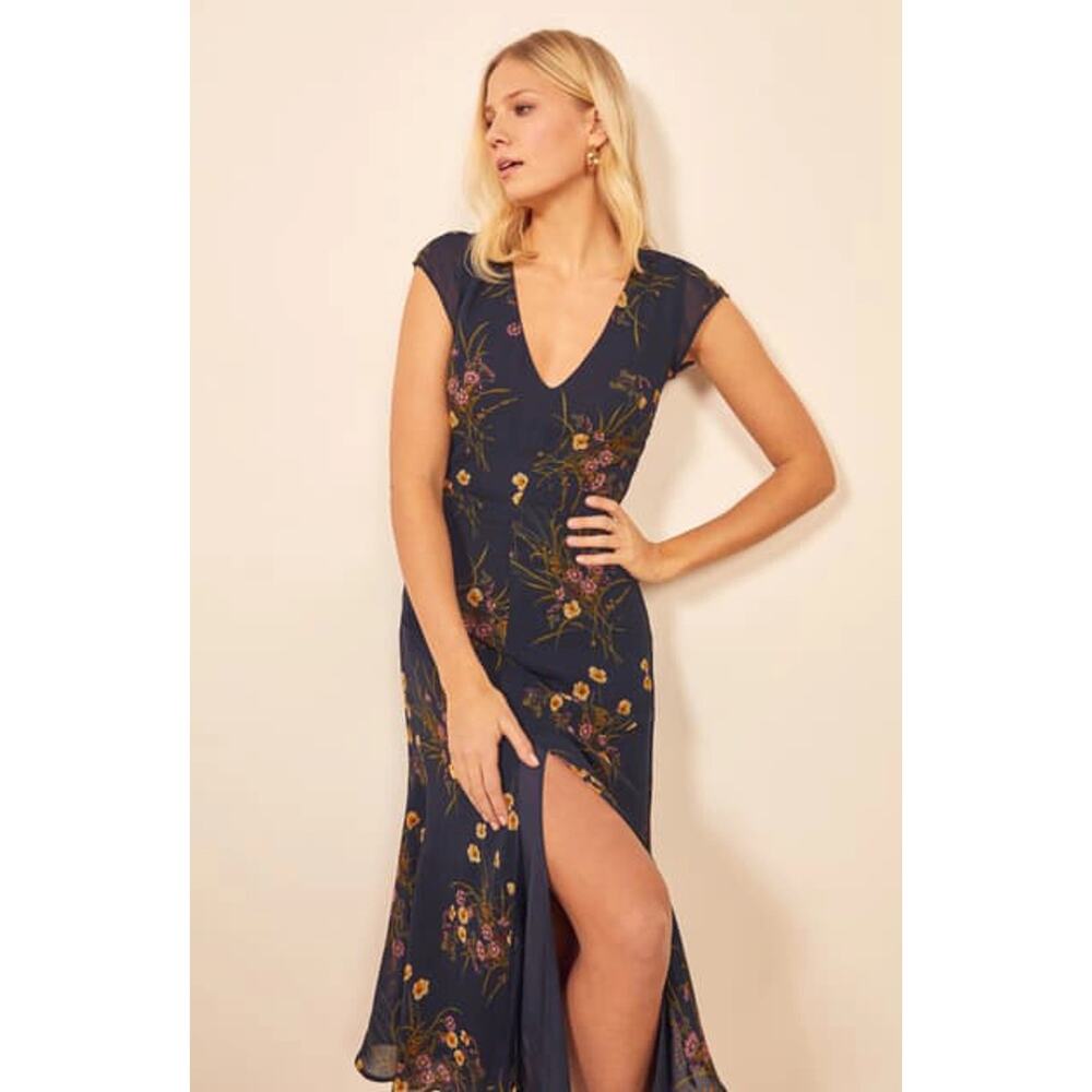 NWT Reformation Navy Blue Floral Midi Dress Size 8